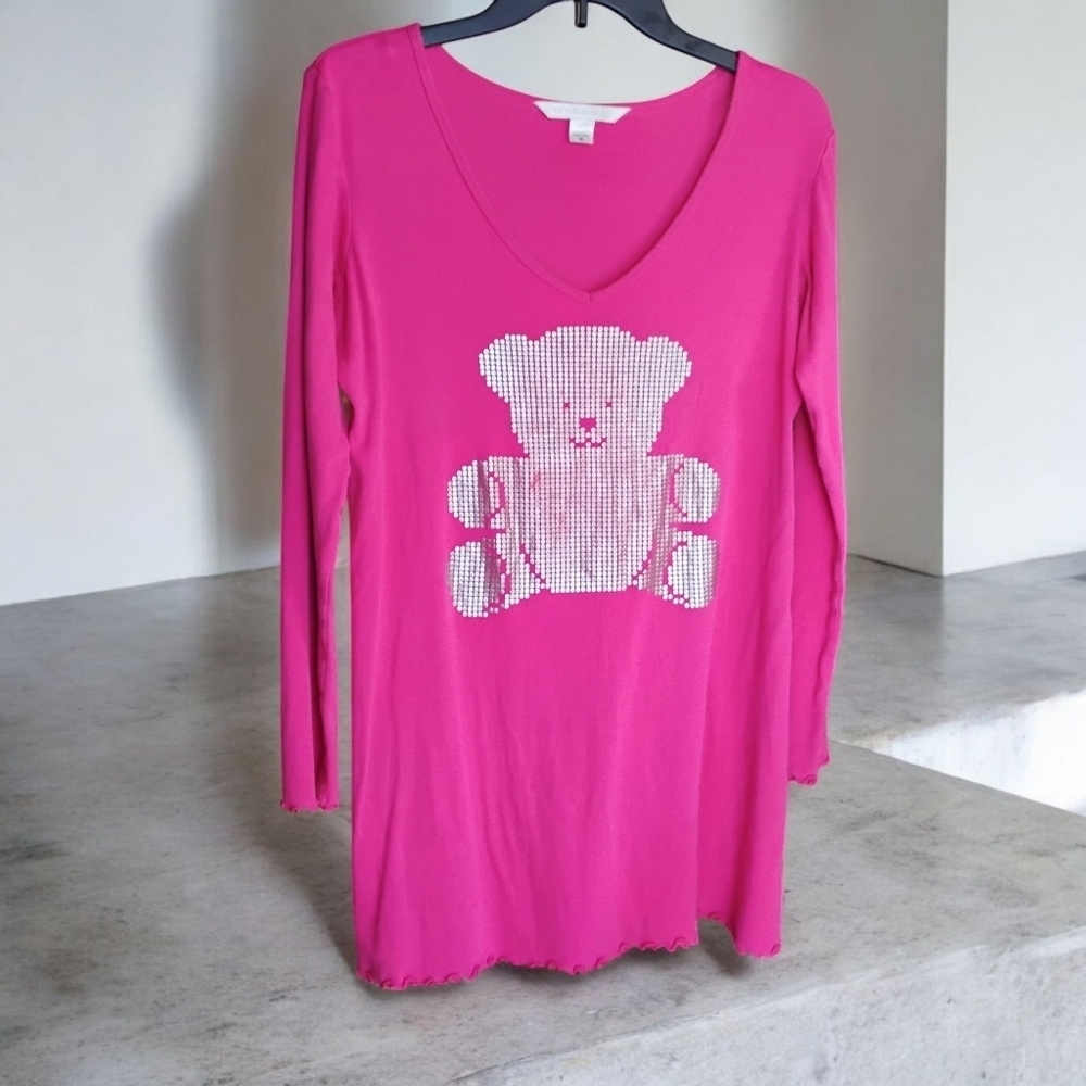 Victoria's Secret Nightshirt Pink w Silver Metallic Dot Teddy Bear Size M. C108‌